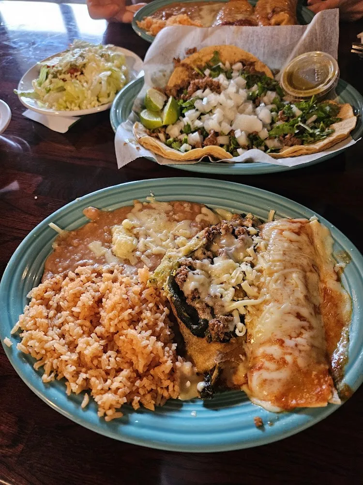 One Enchilada One Chile Relleno Rice and Beans